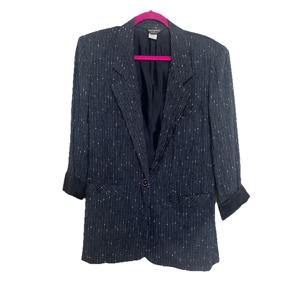 Vintage Chad Stevens Pinstripe Blazer Womens M Blue Made in USA Sport Coat